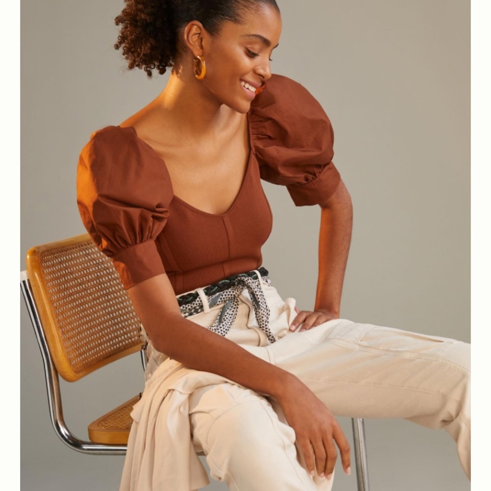 By Anthropologie Puff-Sleeve Corset Sweater Top